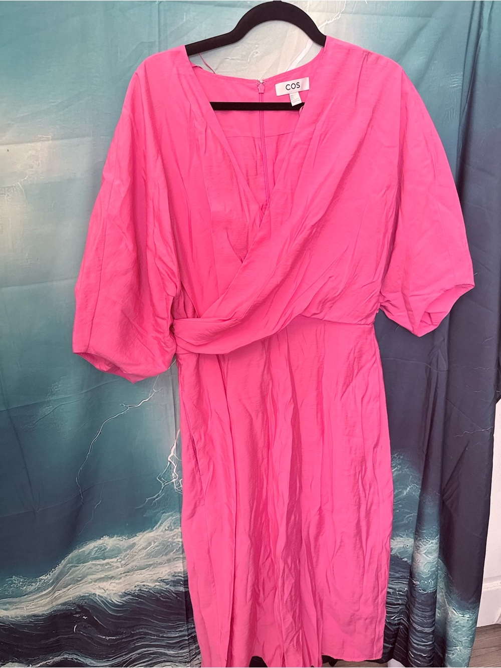 COS Vibrant Pink Draped V-Neck Midi Dress